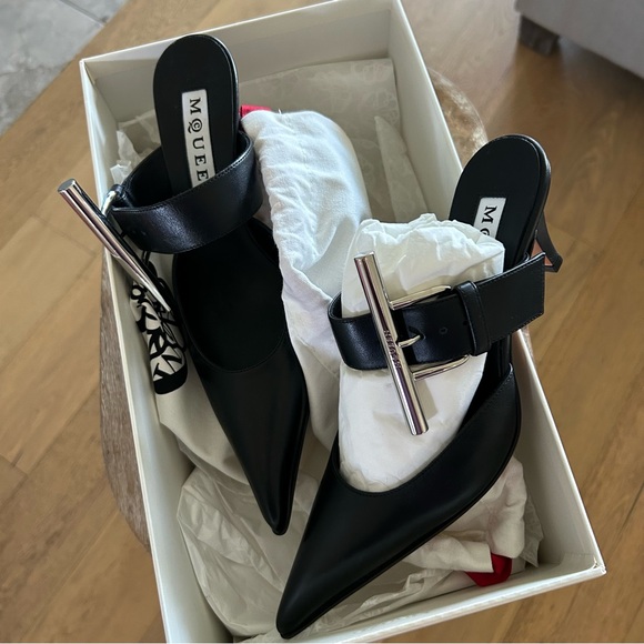 New Alexander McQueen Birdee T-Bar Leather Mules Heels - Picture 8 of 14